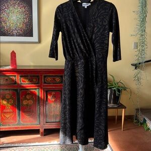 Leota Black and Gold Floral Dress • Midi • Faux Wrap • Subtle Metallic